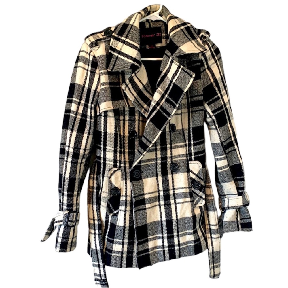 Forever 21 Black White Plaid Lined Pea Coat Jacket Belted Medium